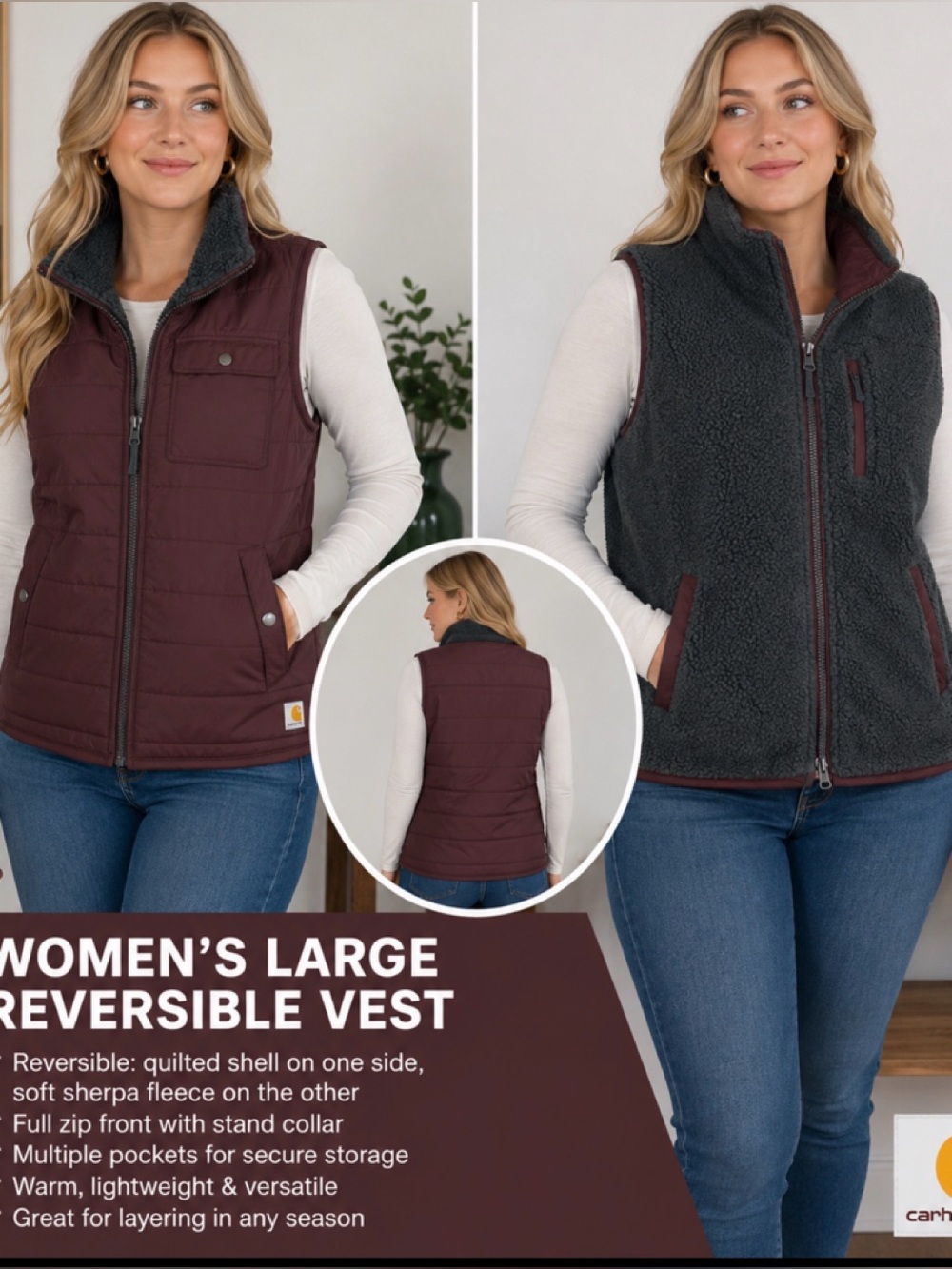 Carhartt Women’s Reversible Vest in Wine and Charcoal